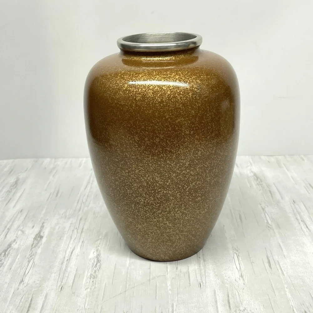 Japanese Chokin Vase Mixed Metal Etched Mount Fuji & Village Enamel Gold 8.5